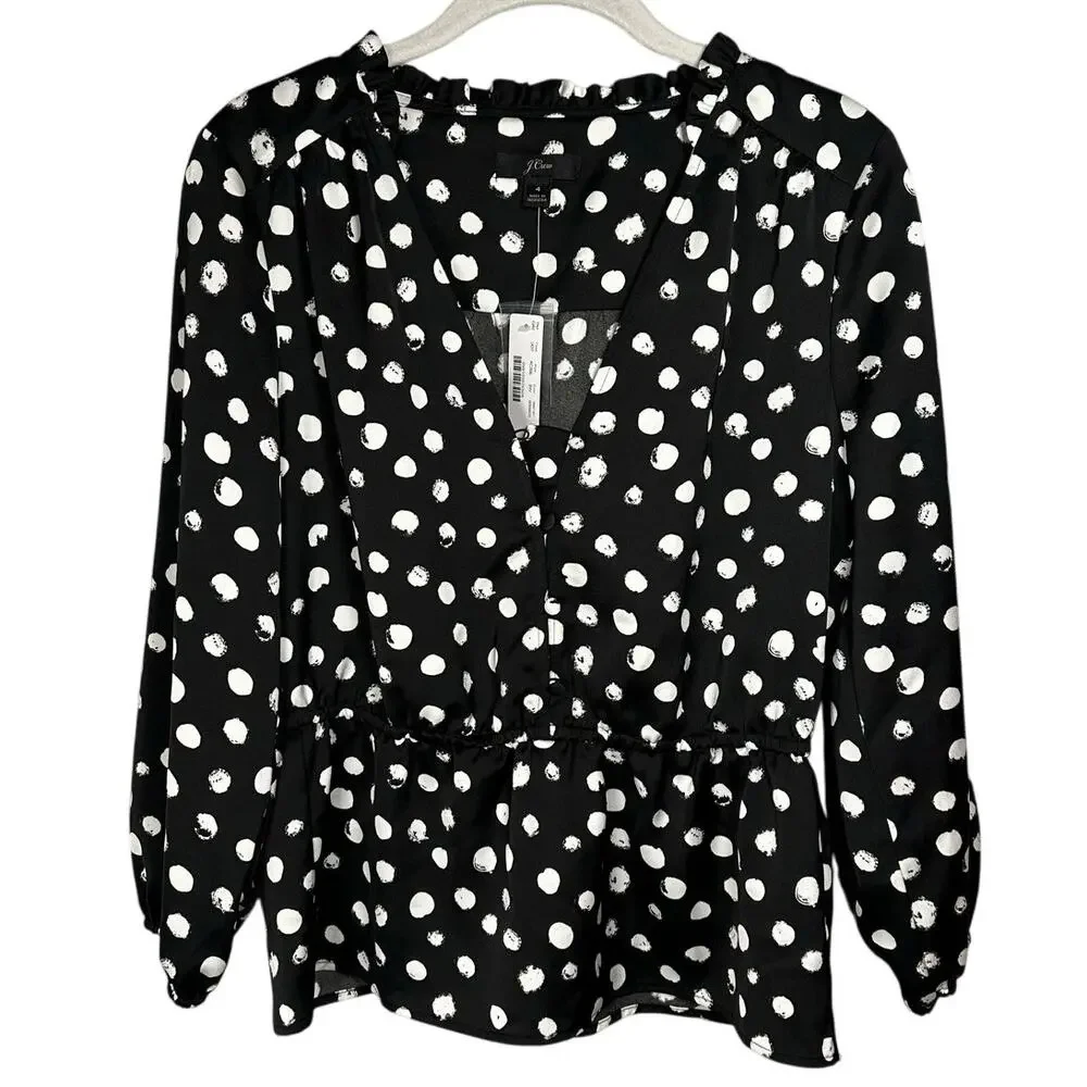 NWT J. Crew Black & White Polka Dot Satin Peplum Blouse Women's 4